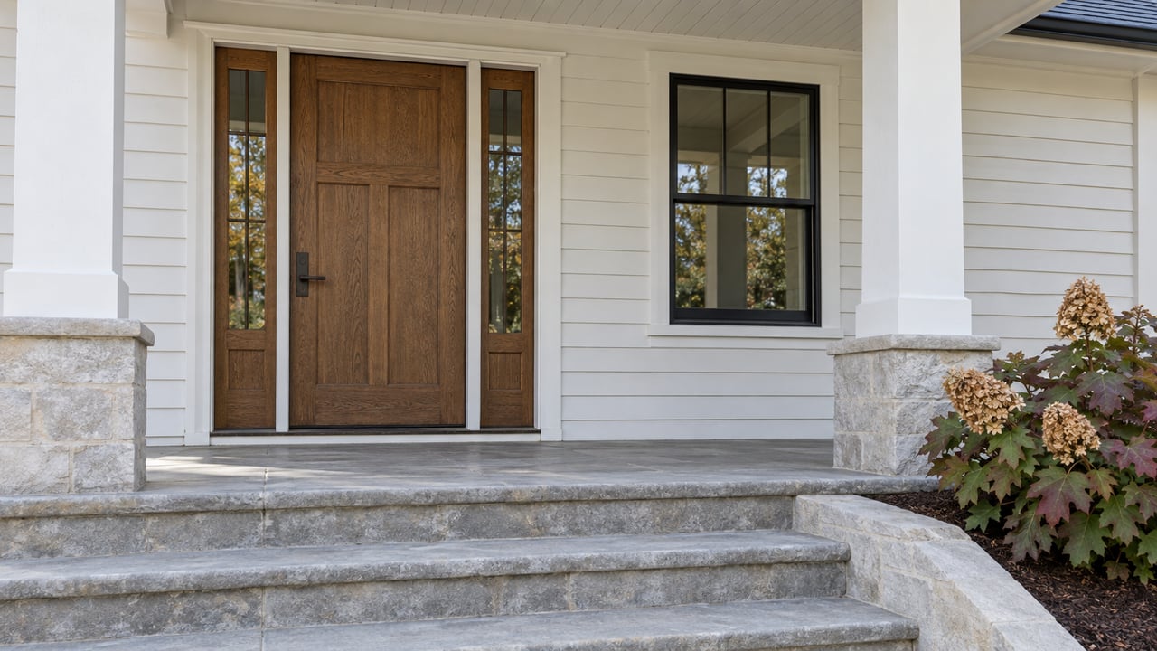 Covered home entry with an oak door, paired sidelights, white siding, limestone steps, and oakleaf hydrangea turning burgundy.