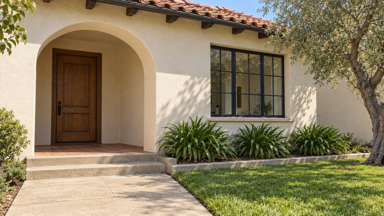 Cream stucco home with an arched recessed oak entry, red clay roof tiles, black grid window, and a neatly edged front garden.