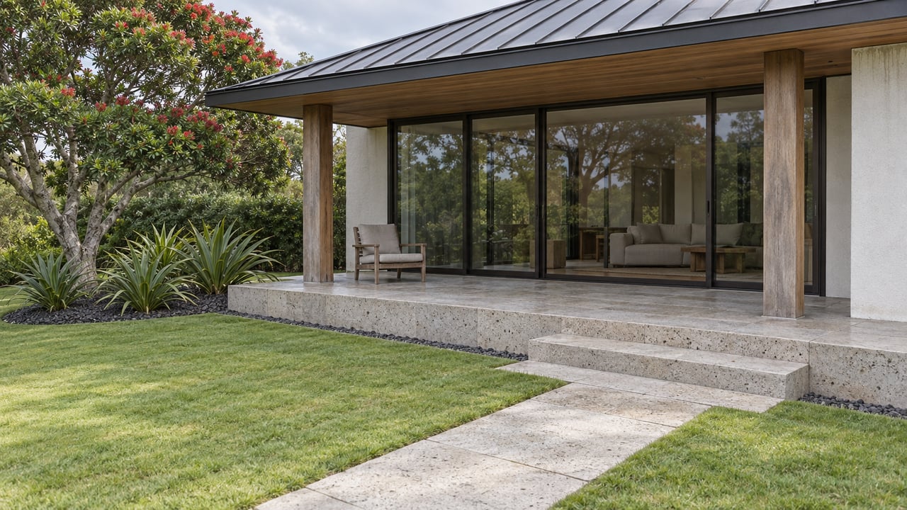 A low modern home with a timber-lined covered terrace, pale stone steps and a gently sloping lawn beside a sculptural flowering tree.