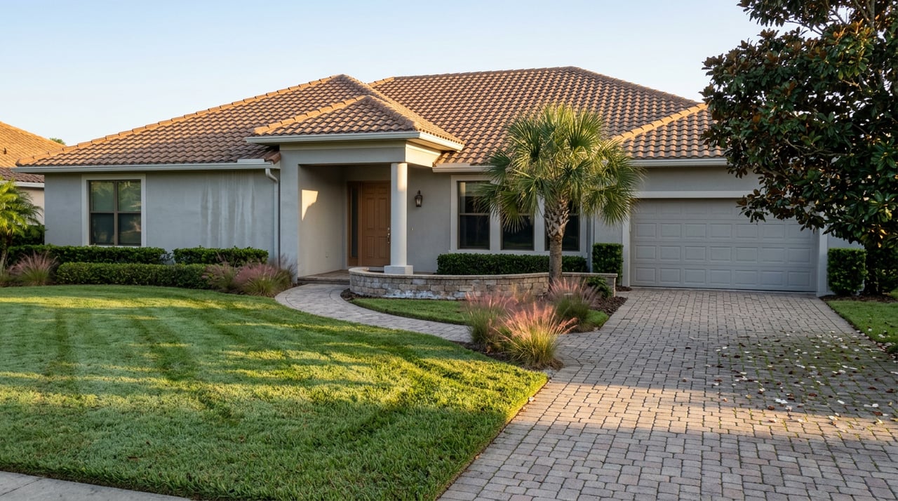 Florida stucco home with terracotta tile roof, paver driveway, palm, magnolia, and dew-bright lawn.