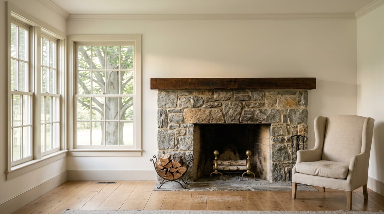 Fieldstone fireplace with a worn oak mantel, beside divided-light windows and an oatmeal wingback chair.