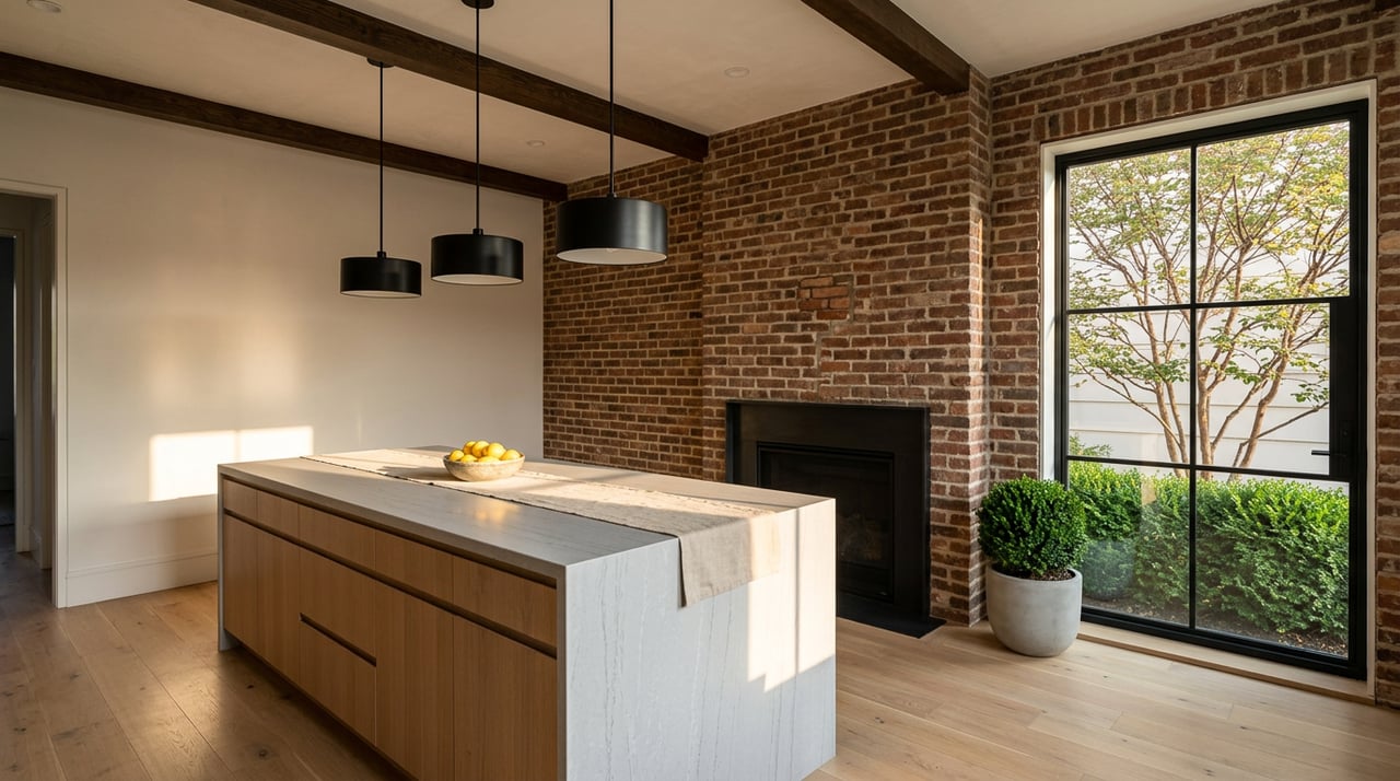 Kitchen island with a bowl of lemons, facing an exposed brick fireplace wall and black steel-framed window.