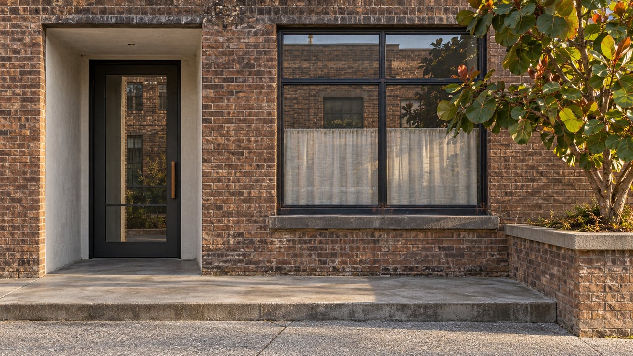 Weathered brick loft-home entrance with steel-framed glazing, a concrete step and a single sea grape specimen in a raised masonry planter.