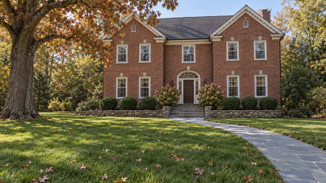 Autumn light on a two-story brick home with white trim, a slate approach, a broad lawn and a russet oak canopy.