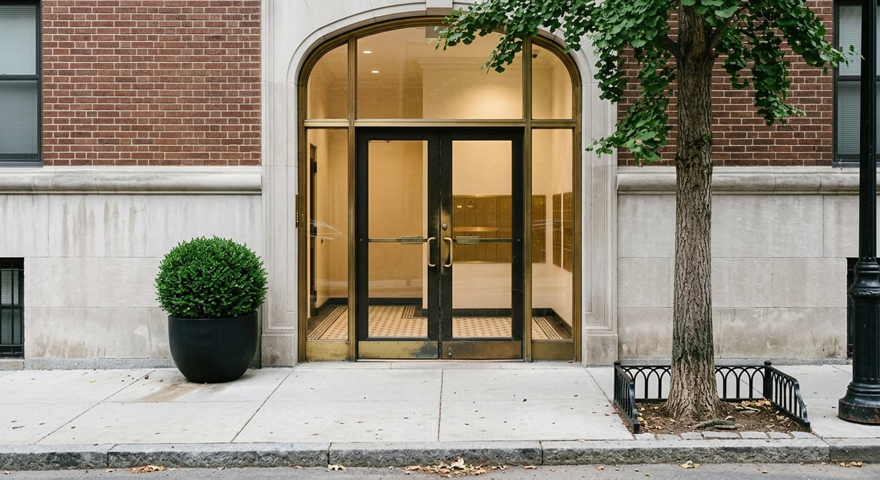 Limestone and brick entry with brass-framed glass doors, a round planter, and a mature street tree.