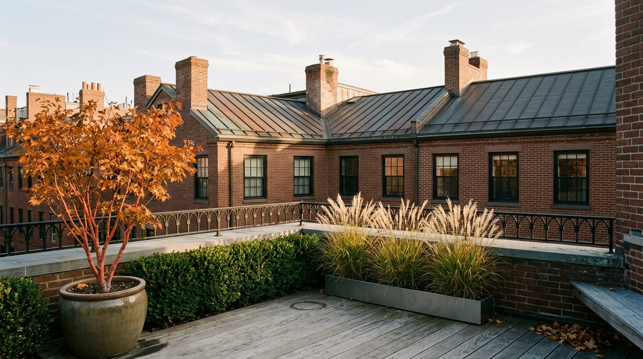 Autumn maple and miscanthus on a rooftop terrace overlooking adjoining brick buildings and dark metal roofs.