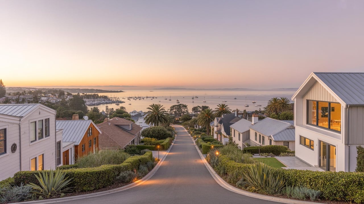 Steep residential road descends toward a bay dotted with boats at sunset.