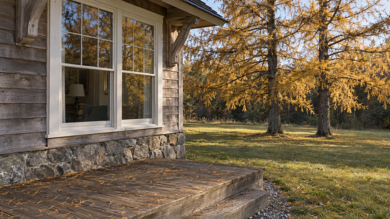 Weathered cedar cottage window and timber porch beside an autumn lawn and two golden tamarack trees.