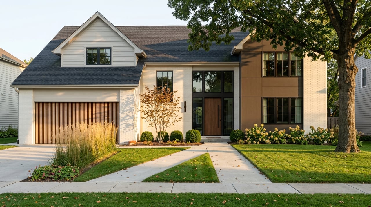 Two-story home with warm white brick, a cedar-slat garage screen, and a concrete walk crossing the front lawn.