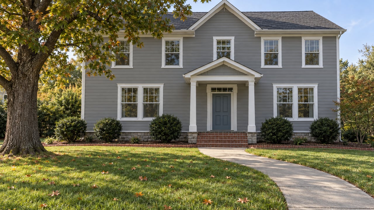 Gray two-story home with white trim and a covered central entry, viewed across an autumn lawn beneath a mature white oak.