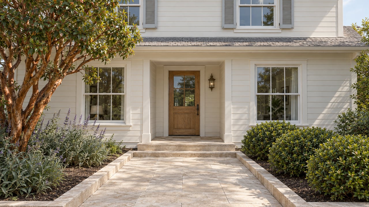 Ivory-sided two-story home with pale shutters, a recessed oak entry, limestone steps, and a carefully planted front garden.