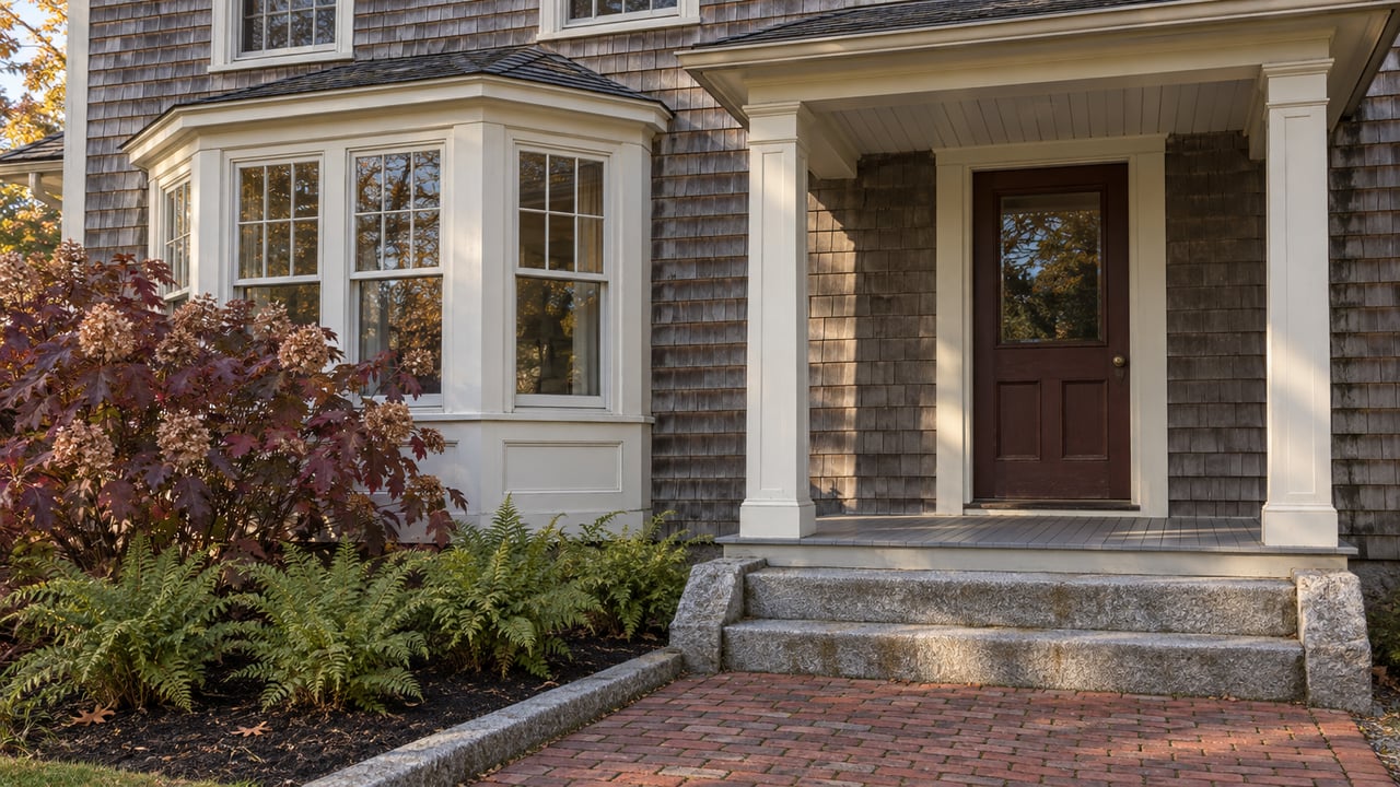 Autumn light on a weathered cedar-shingle home with an oxblood entry door, bay window, granite steps and burgundy oakleaf hydrangea.