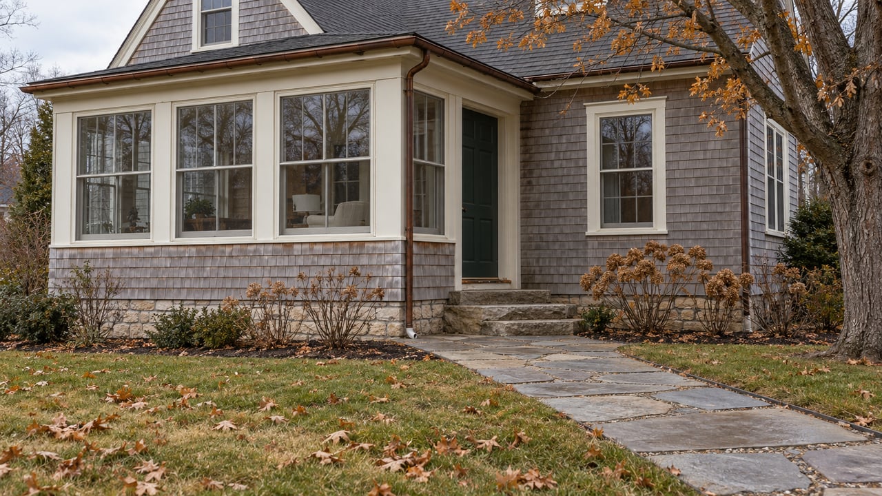 An enclosed glass porch on a cedar-sided gabled home, approached across an autumn lawn by a limestone walk.