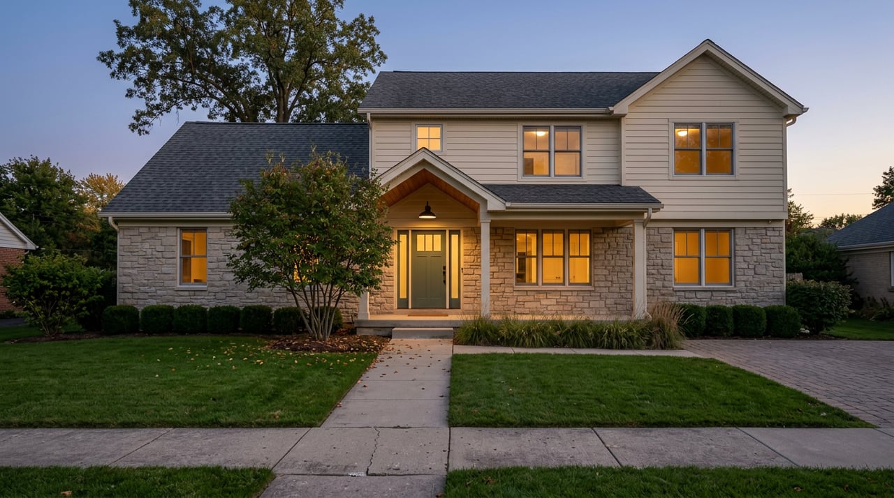 Two-story home with stone veneer, glowing windows, and a mature oak at dusk.