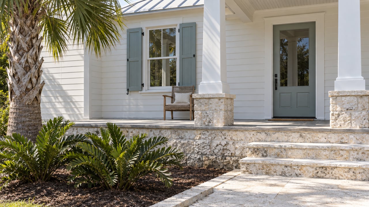 A white wood-sided cottage porch with pale metal roofing, limestone steps, a teak chair, and sculptural palm and coontie planting.