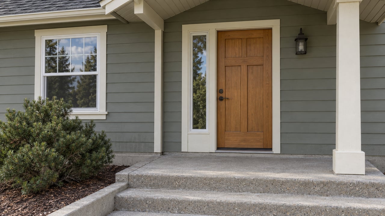 Covered home entry with gray-green siding, a warm wood door, cream trim and concrete steps beside a compact mugo pine.