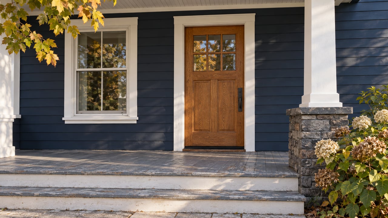 Navy clapboard house porch with an oak door, white column, stone pier, and late-season hydrangea.