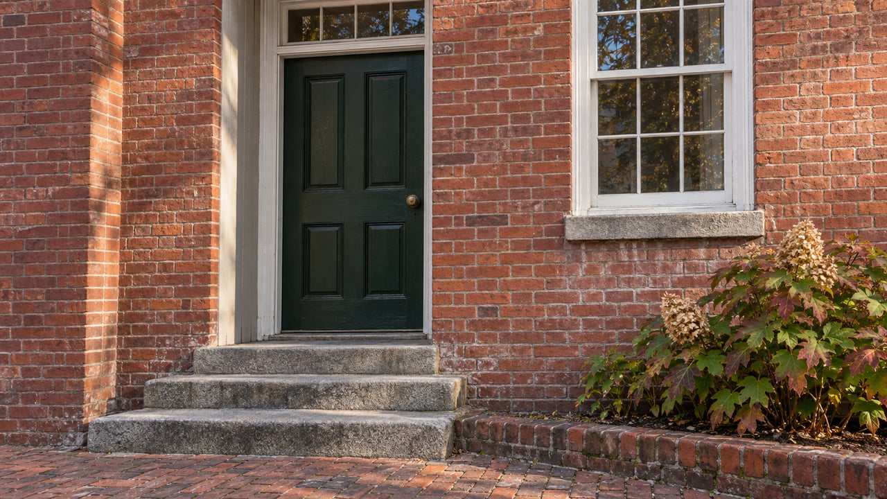Sunlit red-brick townhouse entrance with a green paneled door, worn granite steps, white sash window, and oakleaf hydrangea.