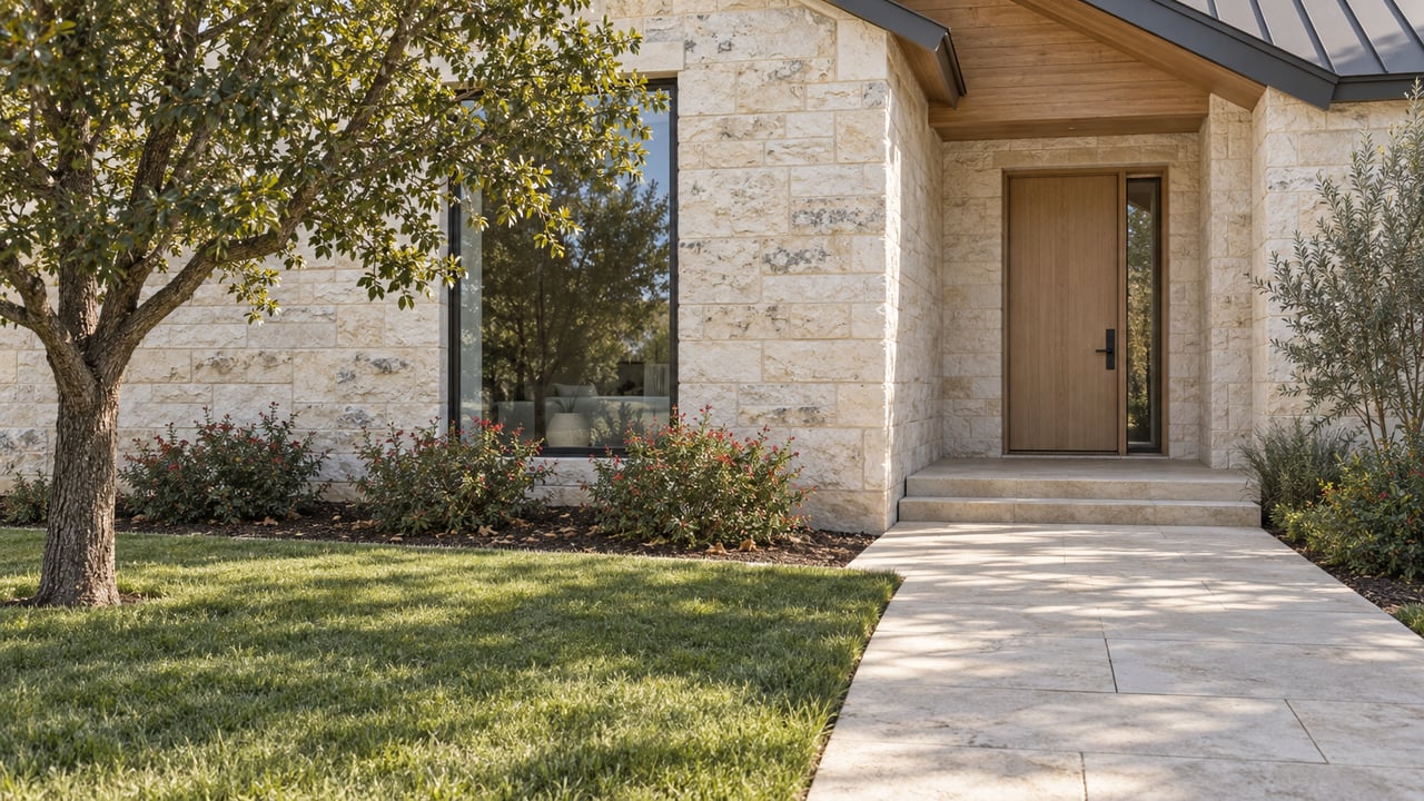 Limestone home entry with a wood soffit, oak door, broad stone approach and a sculptural oak beside a neatly edged lawn.