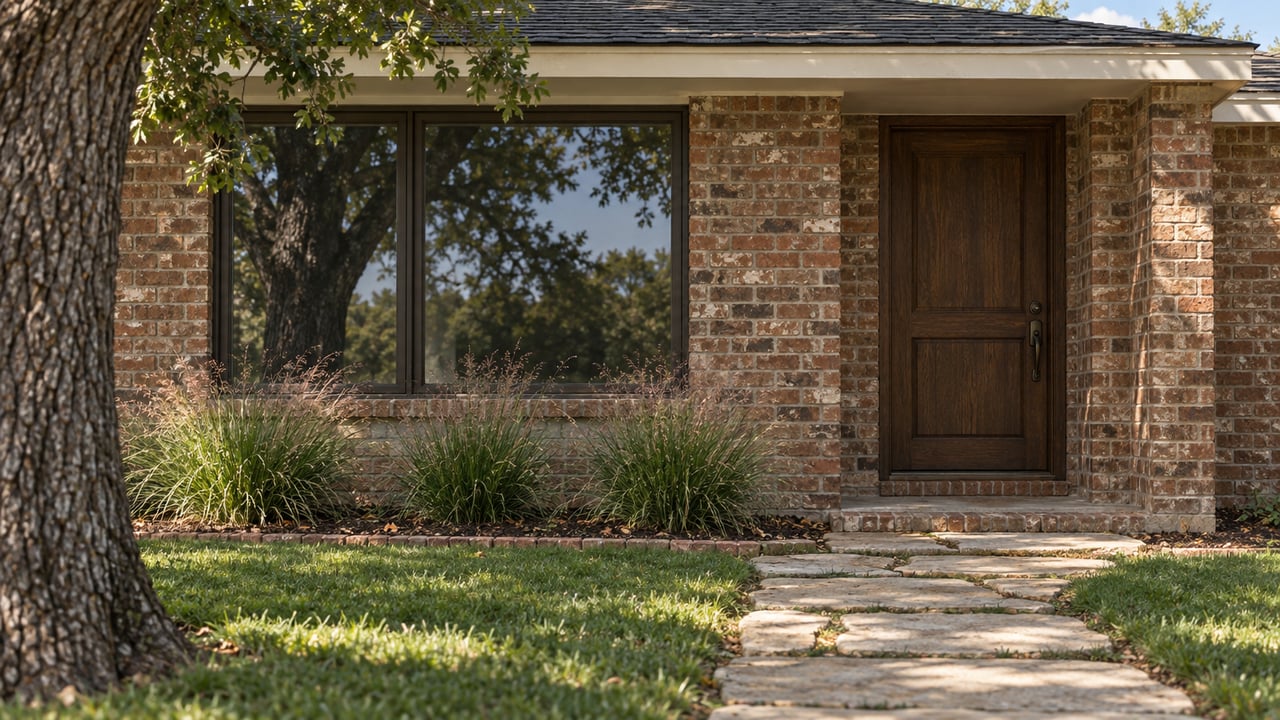 Brick house entry with a dark oak door, bronze-framed window, limestone stepping stones, and lawn.