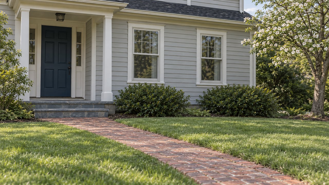 Pale gray clapboard house with a dark blue door, brick walk, and lawn.