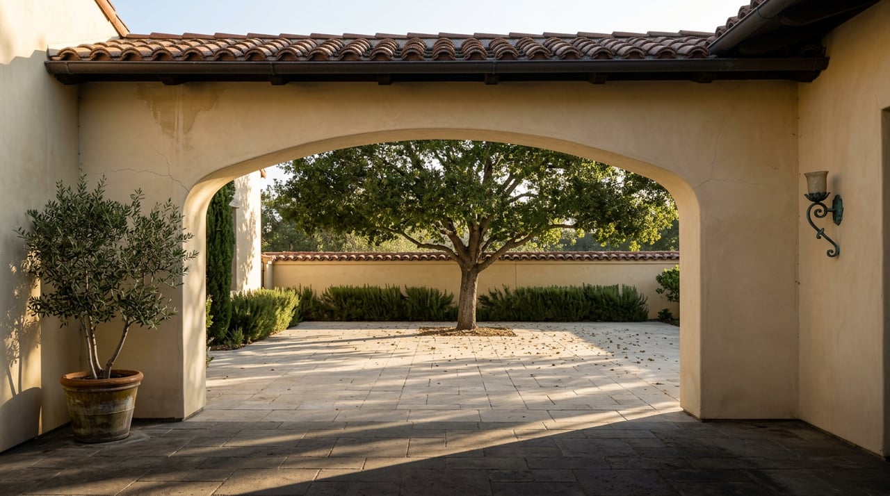 Stucco archway opens onto a stone courtyard with a spreading oak, rosemary hedge, and potted olive tree.