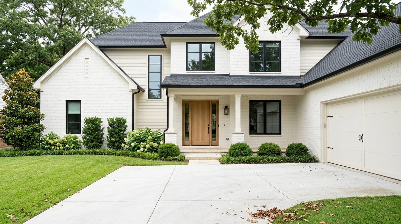 Two-story home with white brick, ivory siding, black windows, and a mature oak beside the driveway.