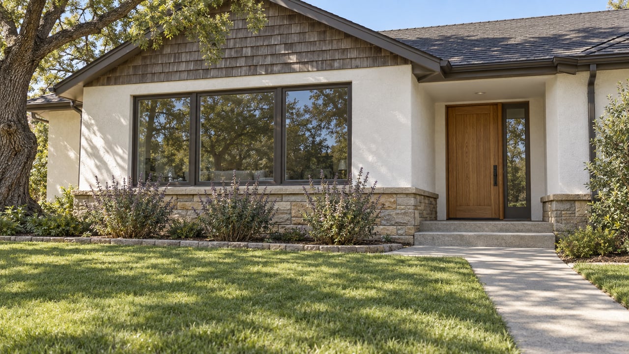 Sunlit stucco and cedar-shingle home with dark-framed windows, a sandstone base, lawn and a mature oak.