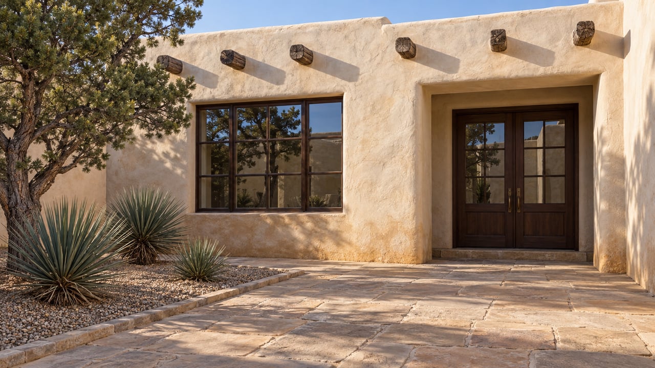 Sunlit hand-troweled plaster home with deep-set timber and glass doors, sandstone entry paving, a pinyon pine and three broadleaf yuccas.