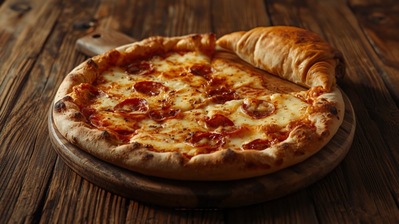 Pepperoni pizza on a wooden board, with a croissant behind it.