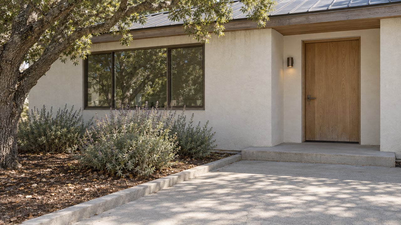 A warm-white single-story home with a recessed oak door, bronze-framed window, concrete entry step, and a sculptural oak beside gray-green sage.