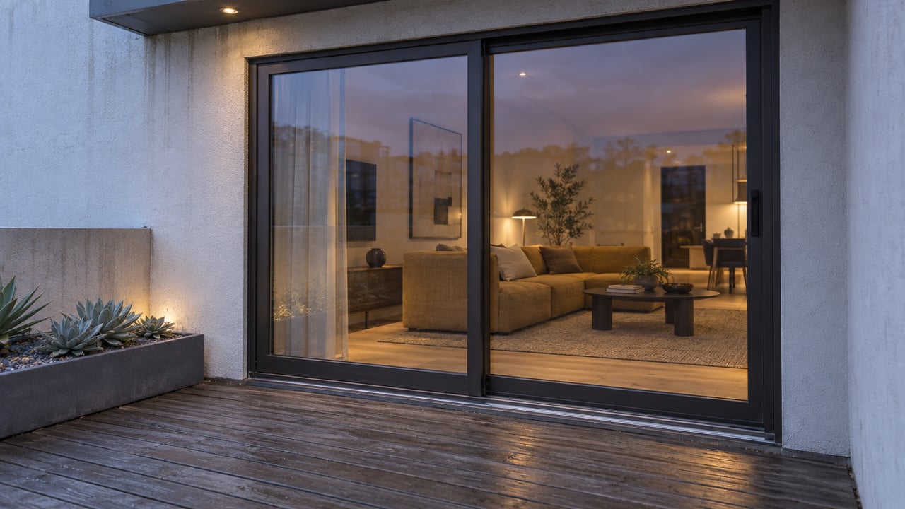 Condominium terrace with a gravel planter beside closed glass sliders, warm light revealing an ochre sofa inside.