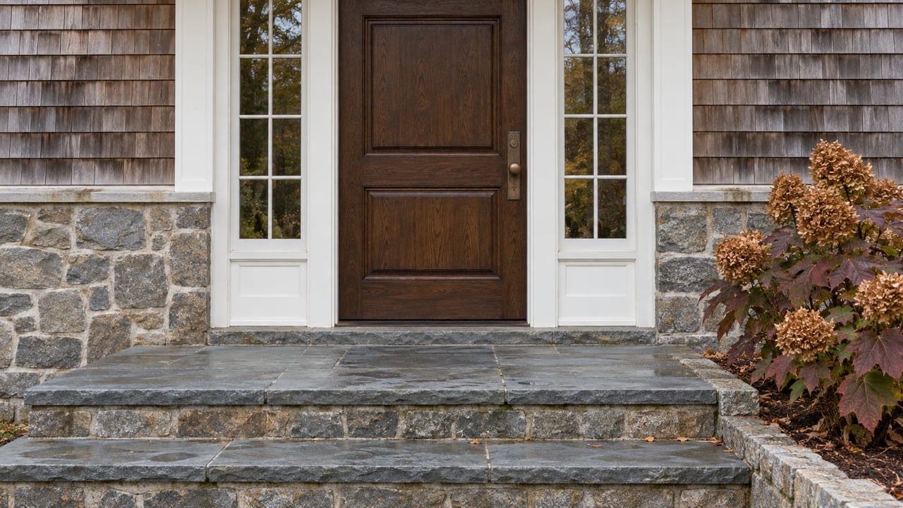 Dark oak entrance with paired glazed sidelights, weathered cedar shingles, fieldstone masonry and broad bluestone steps beside an oakleaf hydrangea.