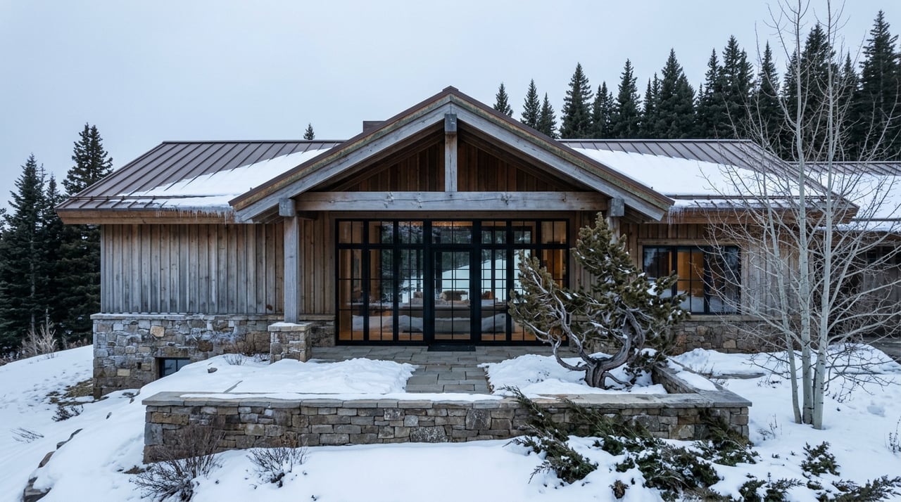 Snow-covered mountain home with a timber gable, glass facade, stone retaining wall, and gnarled pine.