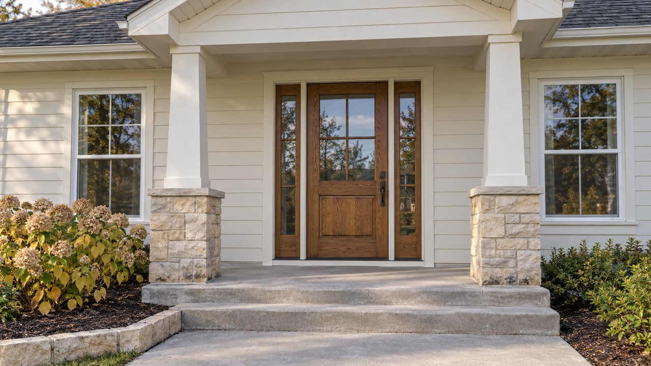 Close view of an ivory-sided home's covered entrance, with an oak door, paired windows, limestone porch bases, and dried hydrangea blossoms.