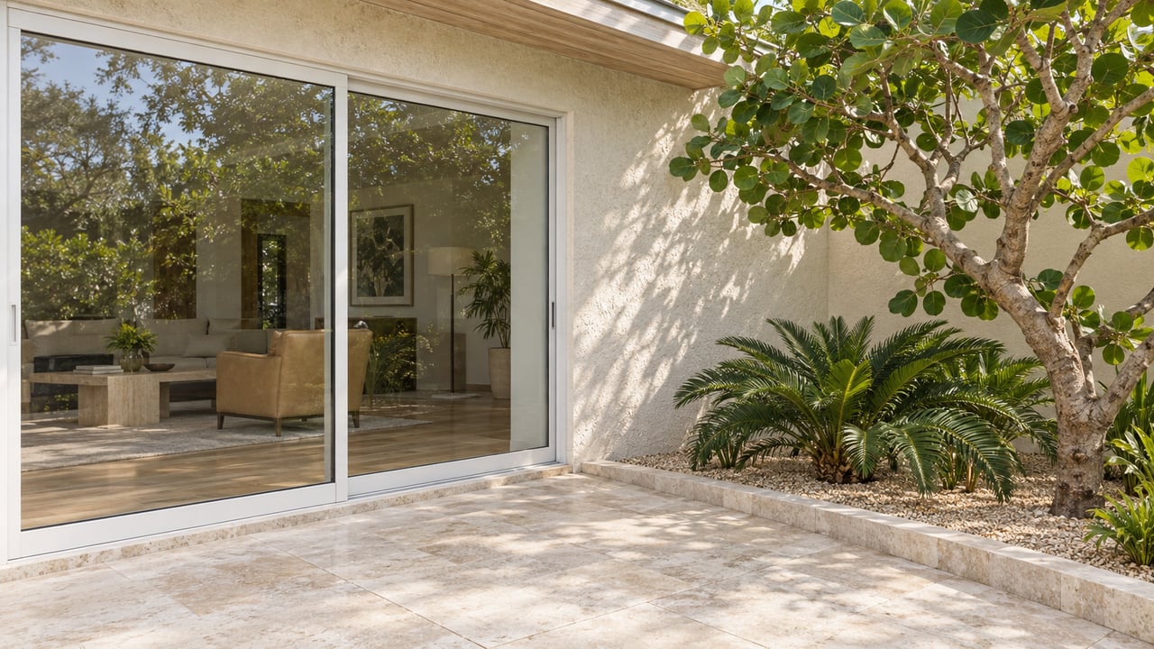Cream stucco home with a glazed living-room door, ivory stone terrace and sculptural sea grape planting.