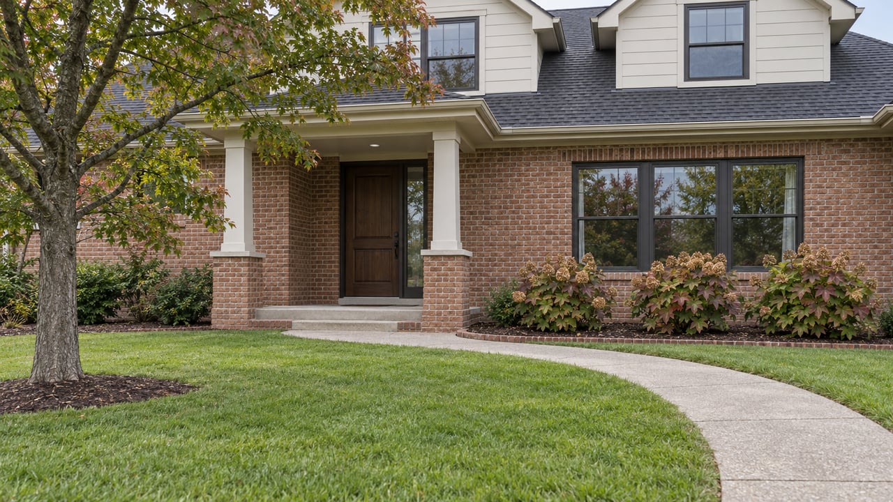 Brick and ivory-sided home with a covered entry, curving concrete walk, deep lawn and autumn oakleaf hydrangeas.