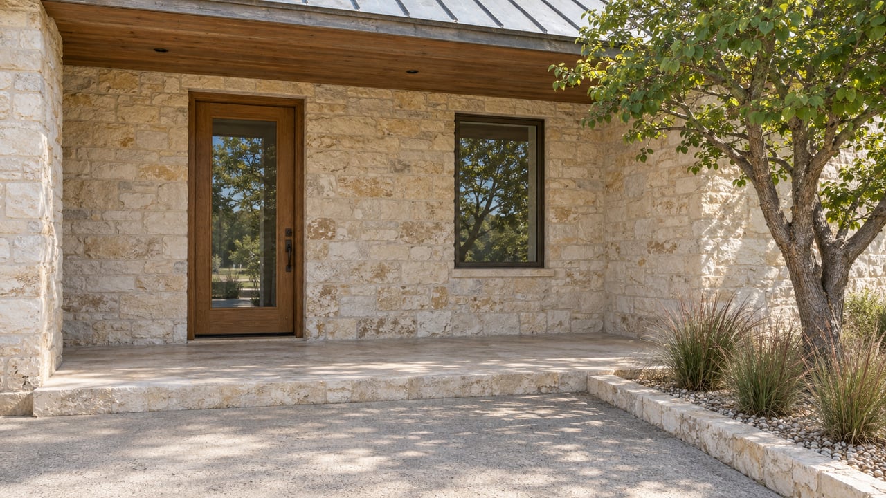 Covered home entry with cream limestone walls, a glazed oak door, cedar ceiling and native planting beside a broad stone step.