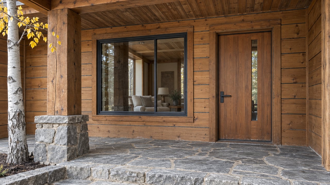 Close view of a timber home's sheltered wood entry, dark-framed window and worn gray stone porch with a yellow-leaved aspen at the edge.