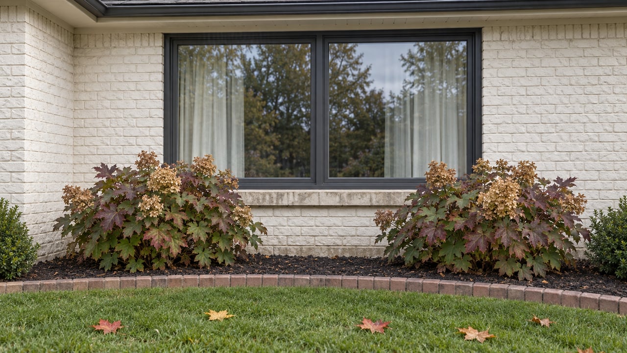 Ivory-painted brick home with a dark-framed window, limestone sill and burgundy oakleaf hydrangeas above a brick-edged lawn.