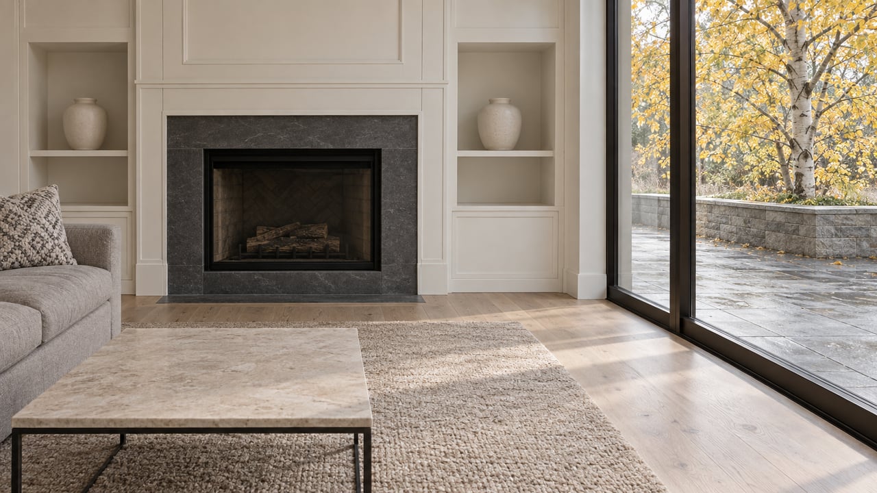 White paneled fireplace with paired shelves beside a gray sofa and limestone table, lit through closed glazing overlooking a stone terrace and golden-leaved tree.