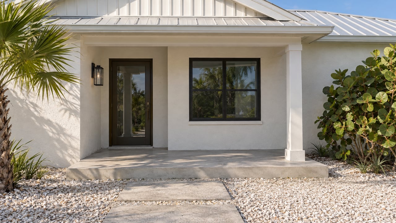 Coastal cottage entry with a recessed glazed door, black-framed window, and concrete pavers across crushed shell.