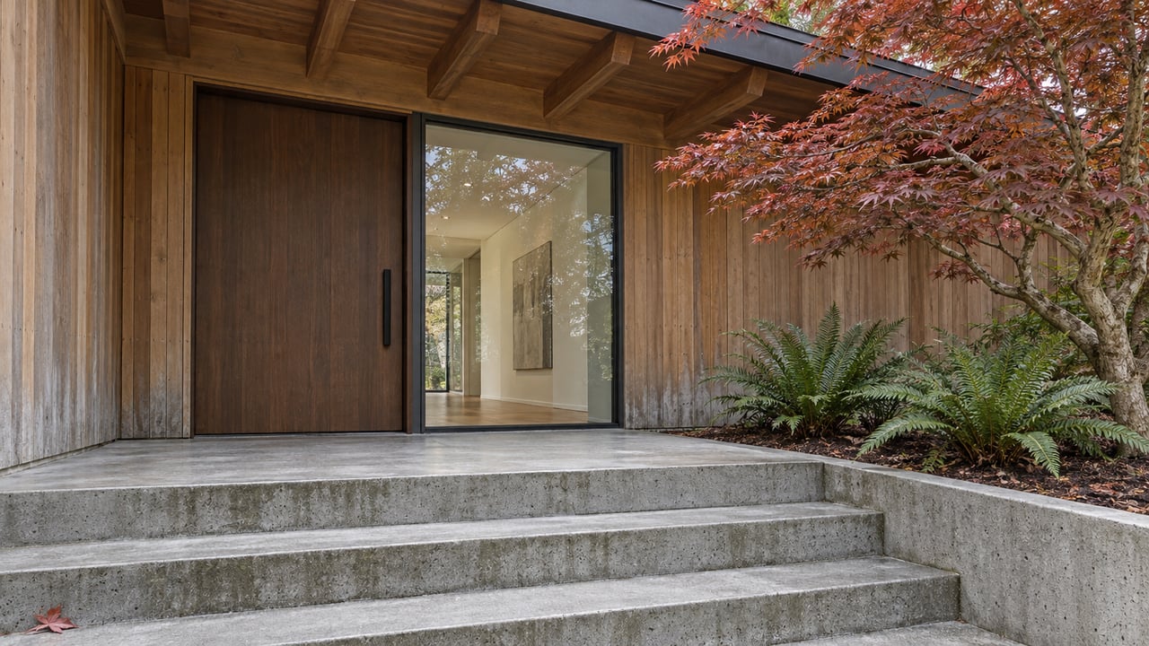 Weathered cedar entry beneath exposed fir rafters, with broad concrete steps and a copper-leaved Japanese maple.