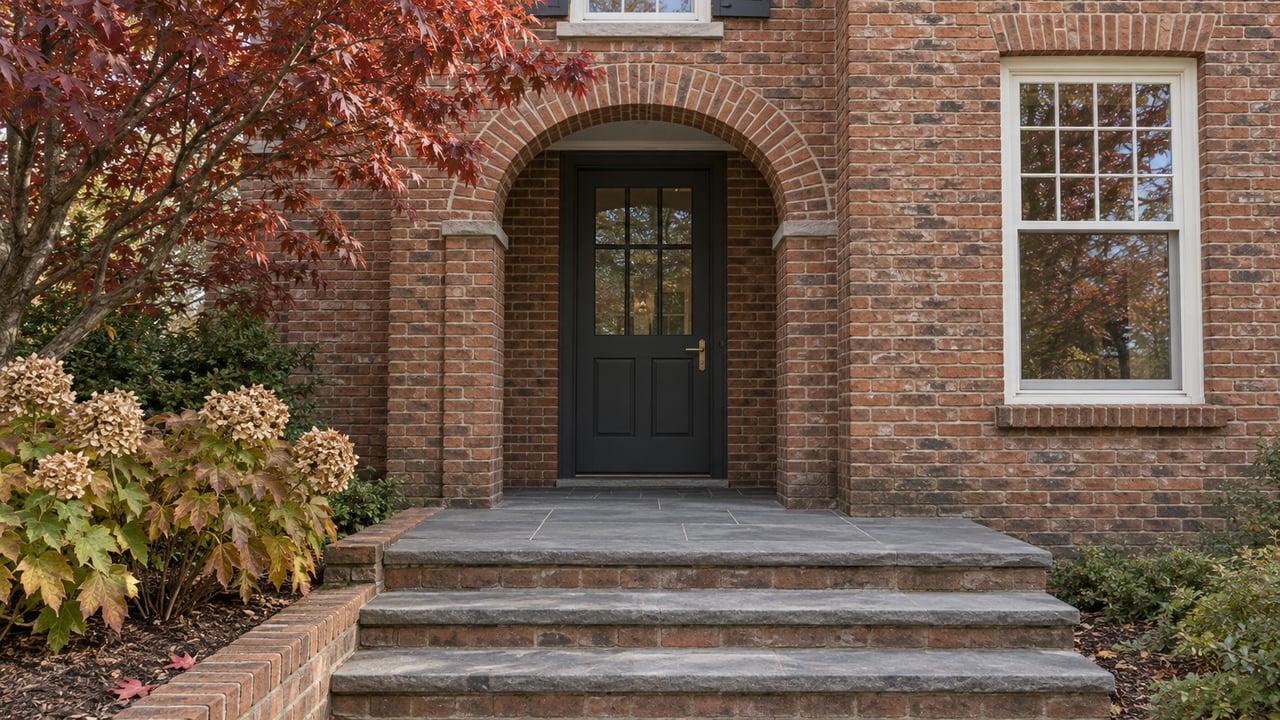 Weathered brick home entry with a charcoal door, bluestone steps and burgundy dogwood leaves beside oakleaf hydrangeas.