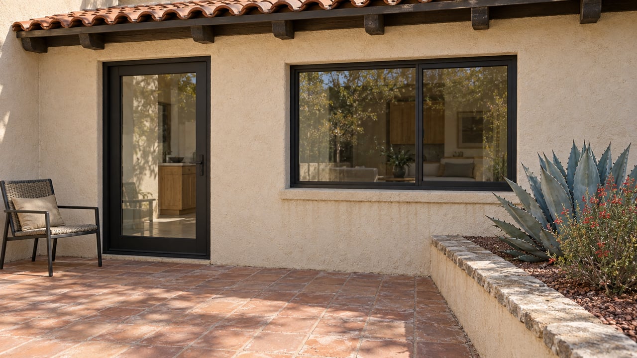 Sunlit sand-stucco home with a terracotta roof, glazed patio door, clay paving, and a raised bed of agave and flowering sage.