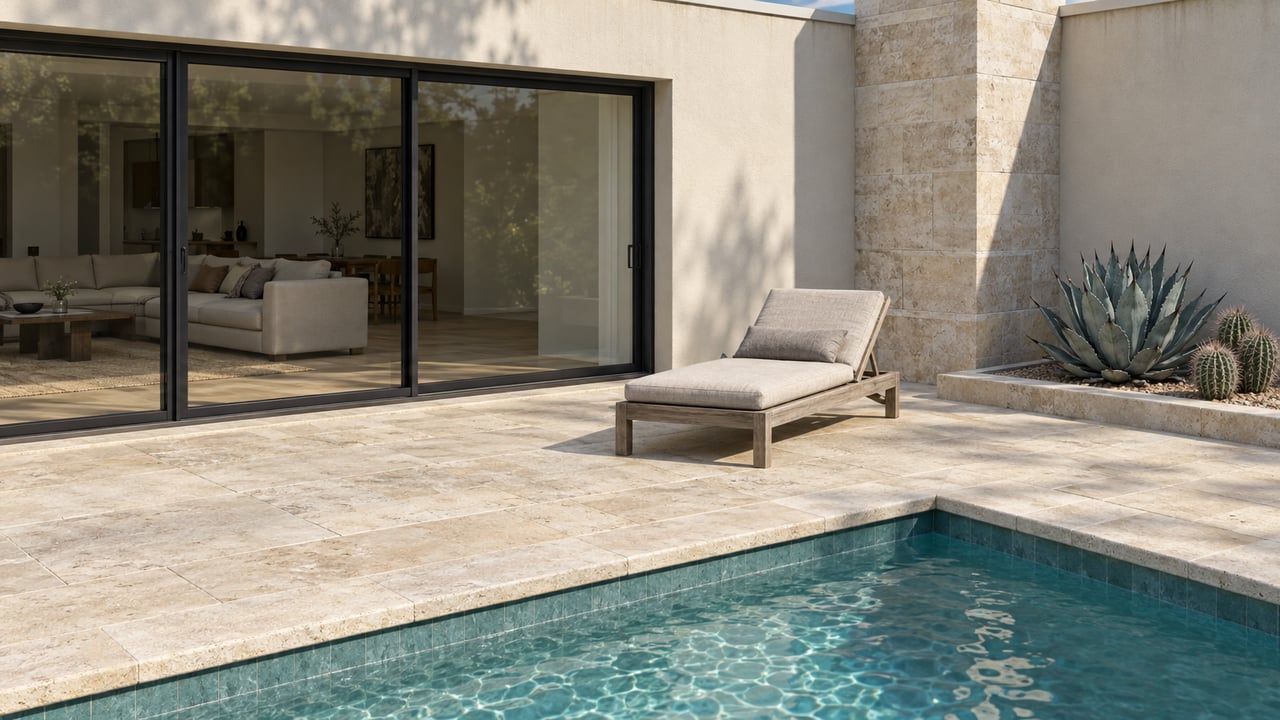 Cream stucco home with bronze-framed glass doors, limestone terrace, a teak lounge chair and blue-green pool beside sculptural desert plants.