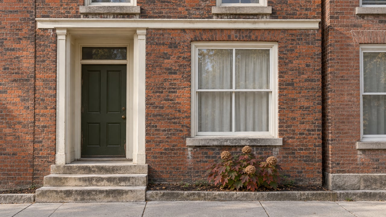 An established brick home's olive front door, worn limestone stoop and white sash windows beside an oakleaf hydrangea.