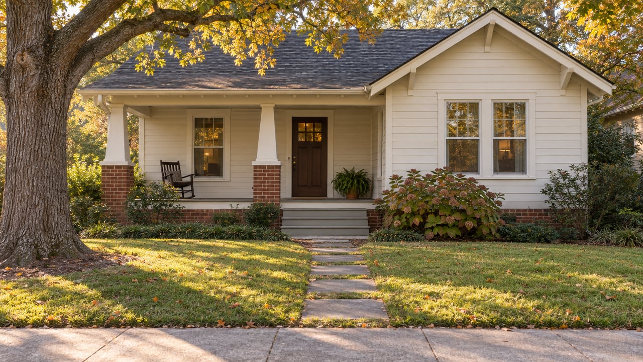 Off-white one-story house with a brick porch, stepping-stone path, and yellowing oak leaves overhead.