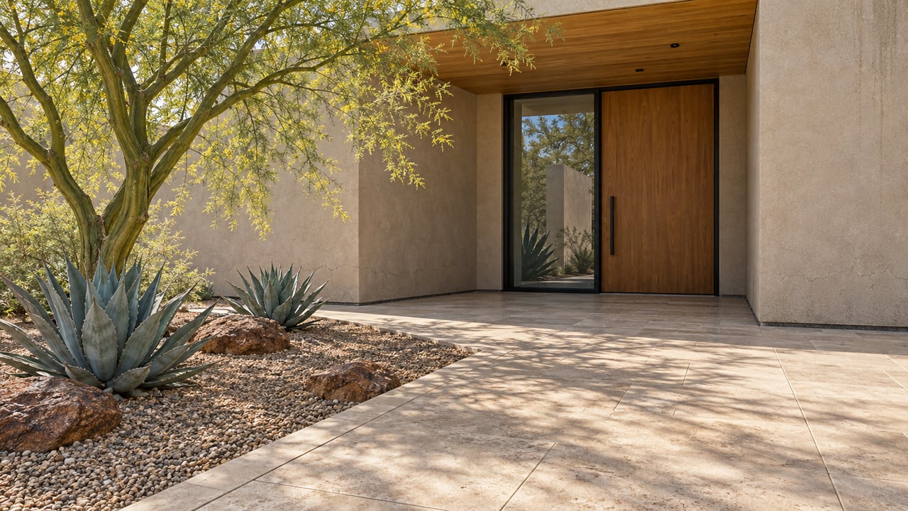 Sunlit limestone approach beside a green-barked tree and two agaves leads to a recessed wood door in a warm plaster home.