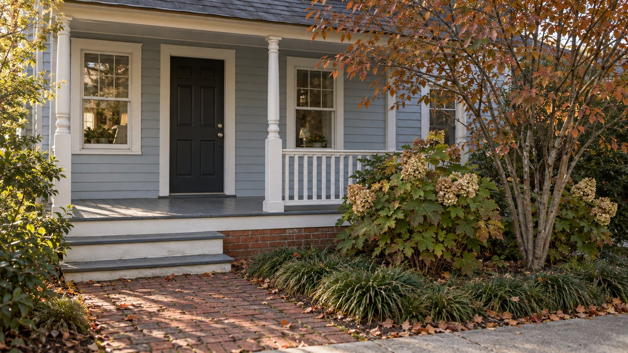 Pale-blue clapboard house with a recessed porch, red-brick path, and russet-leaved tree in the front garden.